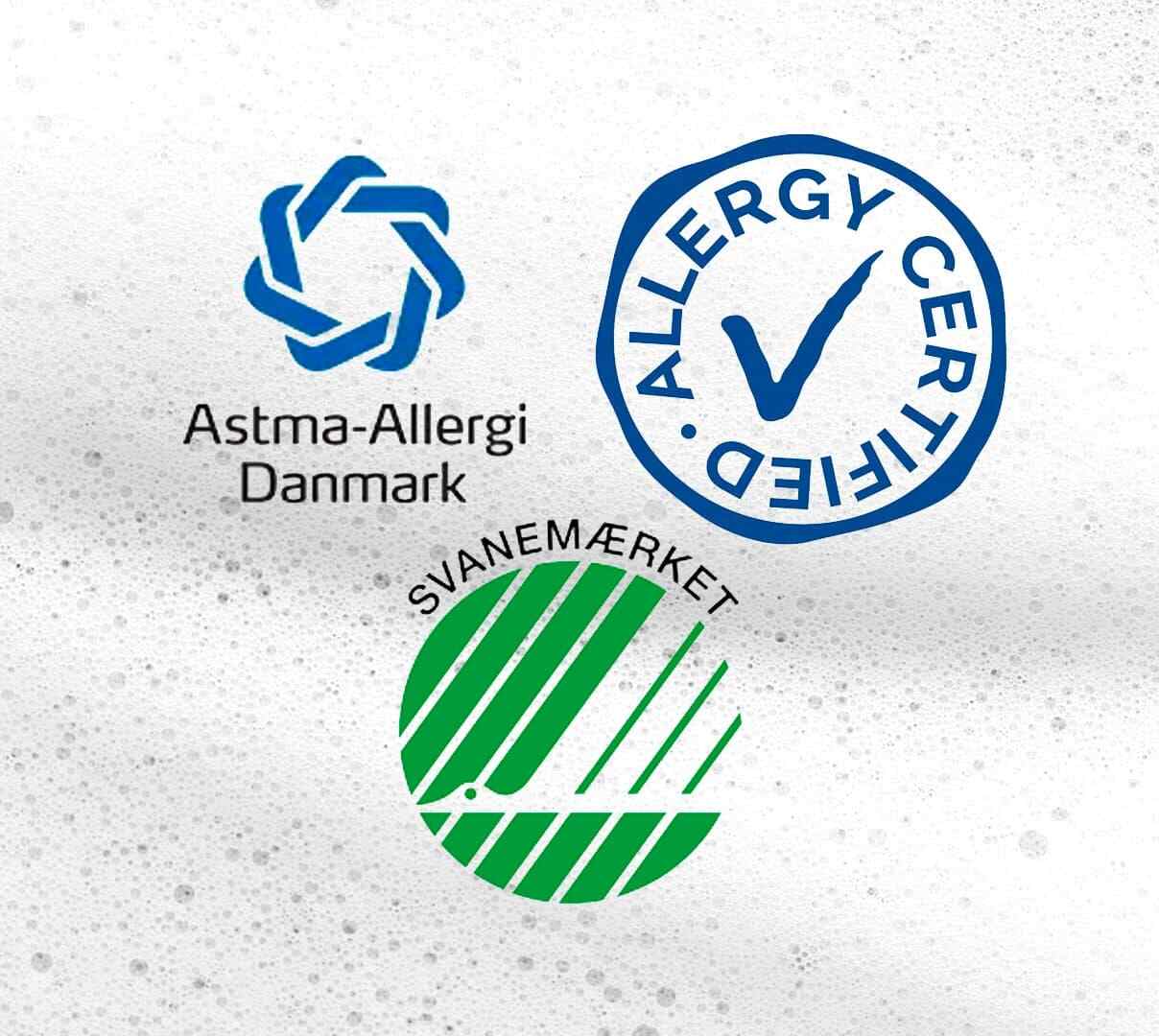 Logoer på mærker man kan kigge efter ved køb af kemifri shampoo - Astma Allergi Danmark, Allergy certified og Svanemærket